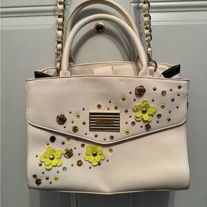Betsey Johnson "Pushing Daisies"  handbag metal roses, studs, & crystals Cream